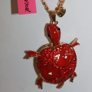 Betsey Johnson Bright Red Turtle w/Red Crystals, 2 Red Enamel Flowers Necklace